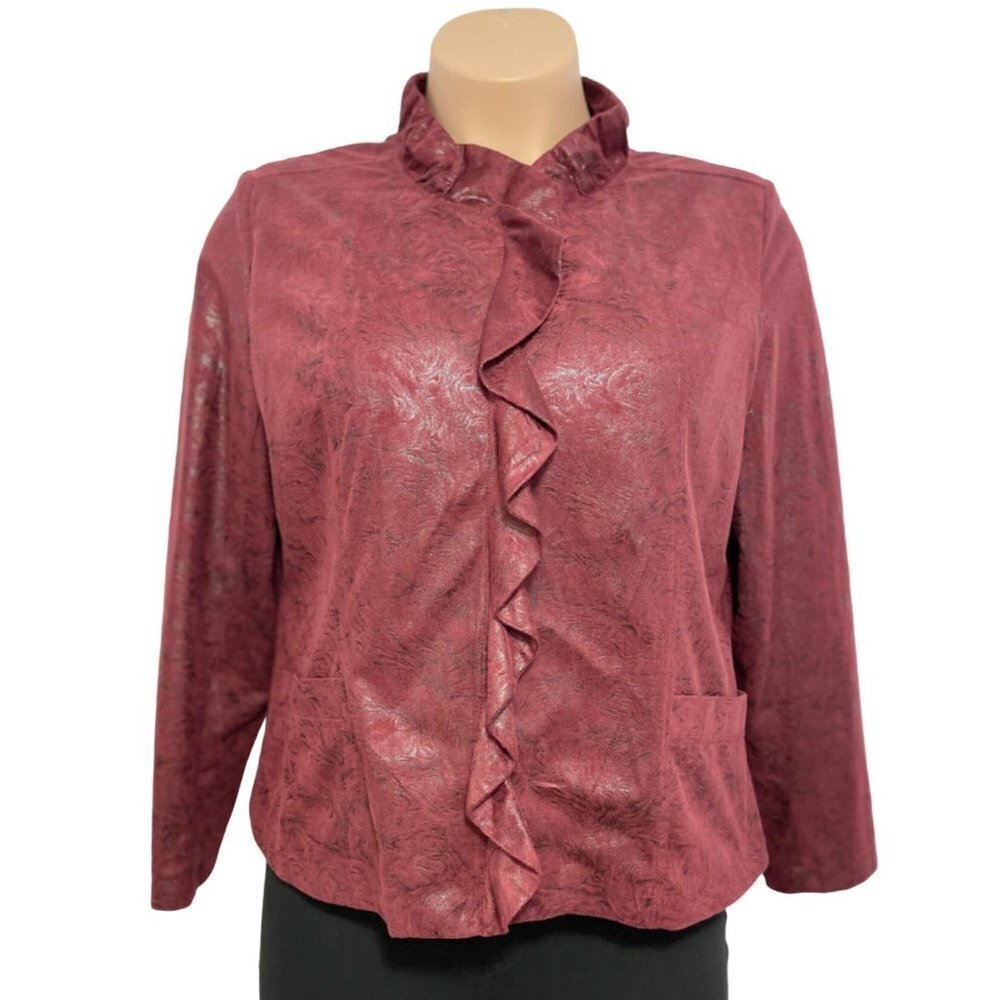 ELEMENTZ Maroon Suede-Feel Embossed Jacket Women's XL Full Zip Ruffle Metallic